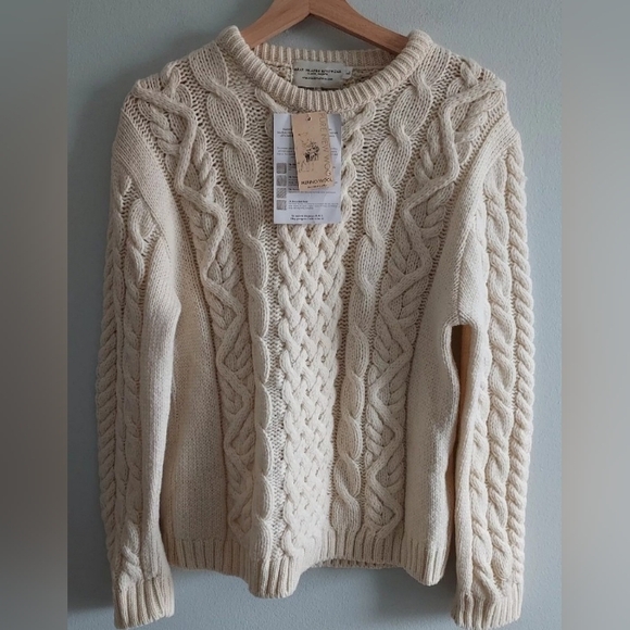 Aran Island Knitwear Ivory Cable Knit Merino Wool Crewneck Sweater Size Large - Picture 2 of 9